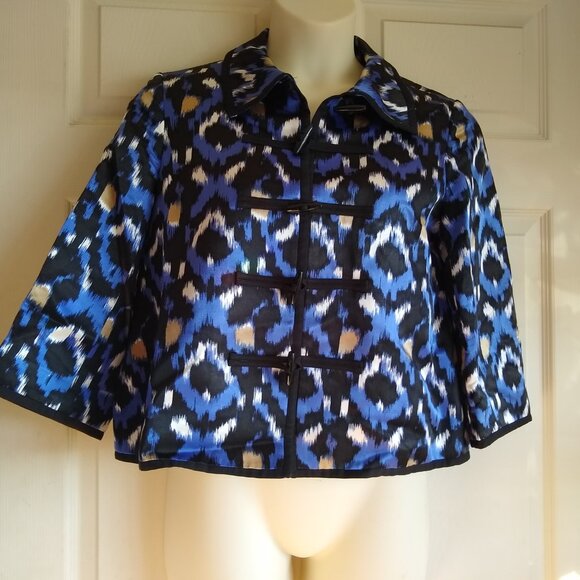 DONCASTER Toggle Button Up Blazer Jacket Top Blue Printed Silk Blend - Picture 1 of 5